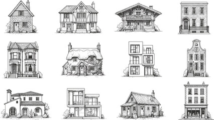 Obraz premium House and Residential Architecture Illustration Collection with Victorian Homes, Cottage Houses, Townhouses, Farmhouses, Cabins, and Traditional Buildings
