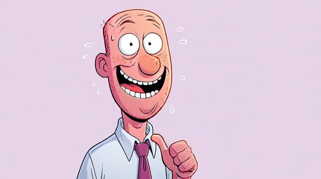 Nervous success and workplace stress concept cartoon businessman sweating with a forced smile and thumbs up gesture on a light purple background