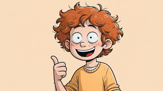 Positive feedback and success concept cartoon boy with red hair giving a thumbs up gesture cheerful character animation on a solid light background