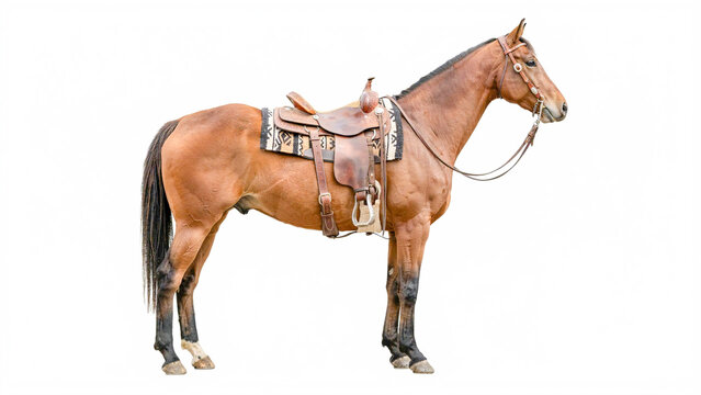 Side profile of a brown horse with a western saddle and bridle isolated on a white background