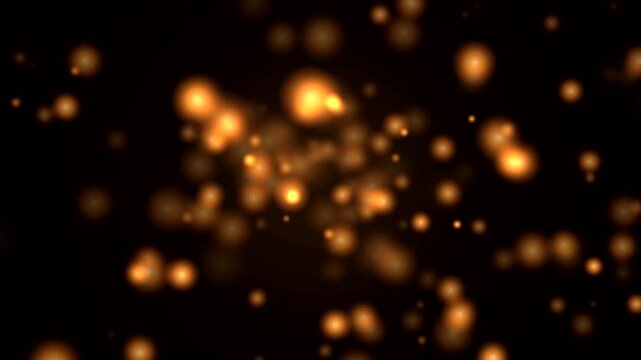 Floating Orange Bokeh Particles and Glowing Light Orbs on Black Background