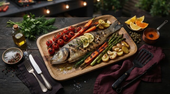 Gourmet Grilled Sea Bass Platter: A whole grilled sea bass takes center stage on a rustic wooden platter, accompanied by a vibrant medley of roasted vegetables including cherry tomatoes, carrots.