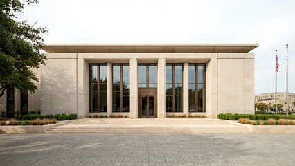 Obraz premium Modern stone government building exterior with flagpoles