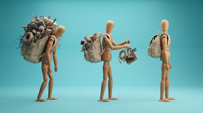 Three wooden mannequins transferring backpacks and gear