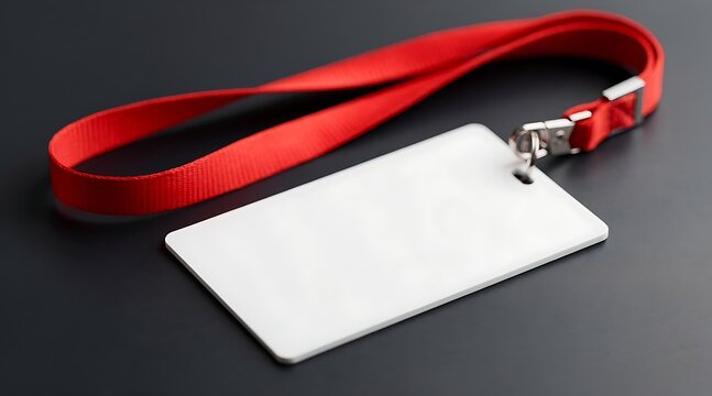 Blank horizontal ID card badge mockup with red neck lanyard strap on dark background, identification name tag for business events, corporate conferences, security access and staff membership