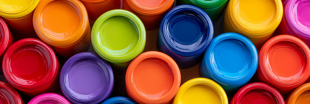Bunte Farbt&ouml;pfe in Rot, Orange, Gelb, Gr&uuml;n, Blau und Violett, Draufsicht