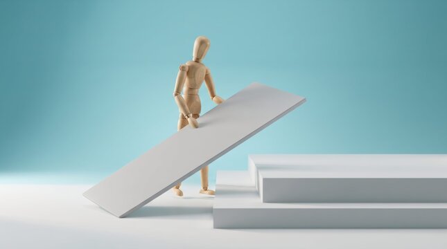 Wooden figure climbing a white seesaw balance beam