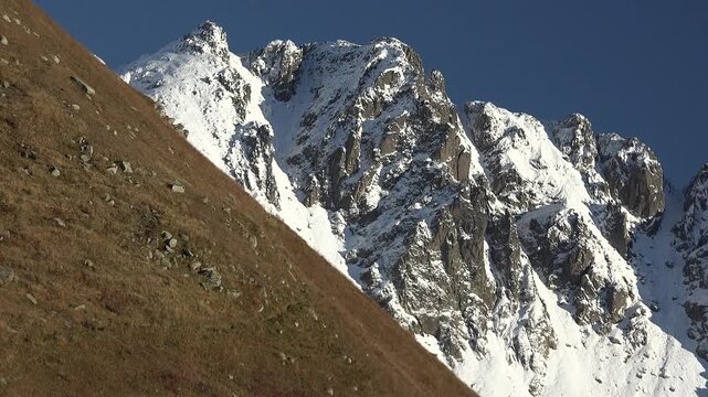 Snowy Alpine peaks above treeless high altitude meadows create striking mountain scenery.