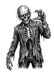 Fototapeta premium Scary Zombie Businessman in Tattered Suit Illustration - Black and White Ink Drawing of Undead Ghoul for Halloween