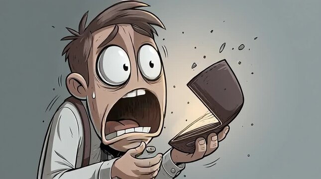 Financial crisis and poverty concept man looking at empty wallet with shock and despair cartoon style illustration of economic hardship and debt