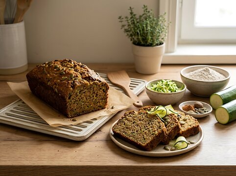 Freshly baked zucchini bread loaf on a rustic wooden kitchen counter with ingredients and green herbs. quick bread tutorials
