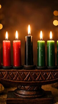 Kwanzaa kinara with seven red, black and green candles burning on a carved wooden holder, warm bokeh holiday still life with flickering flames