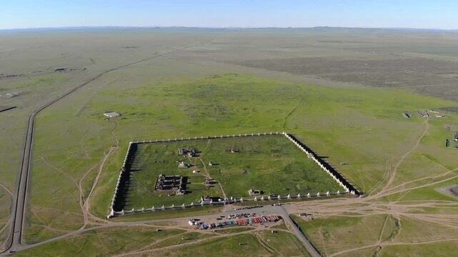 Erdene Zuu Monastery stands in Mongolia, historic Buddhist complex within ancient steppe landscape.
