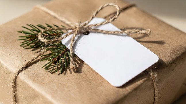 Close-up of a rustic gift box wrapped in brown kraft paper with a blank white label and spruce branch decoration, perfect for sustainable holiday packaging or personalized Christmas greeting.