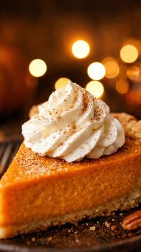 Slice of pumpkin pie topped with whipped cream and pecans against warm bokeh lights. thanksgiving dessert with cozy autumn styling.