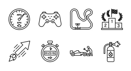 Fototapeta premium Racing Icons Set: Speedometer, Game Controller, Track, Podium, Rocket, Stopwatch, Car, Fire Extinguisher