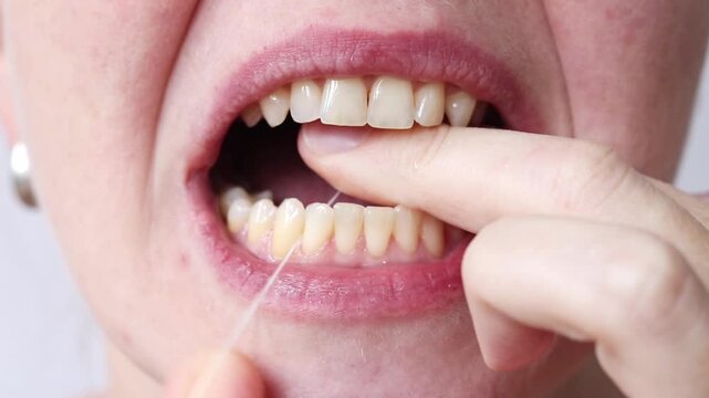 Young woman brushing her teeth with dental floss, close-up. Close-up of the process of cleaning between teeth with white dental floss, daily oral hygiene, dental health care and caries prevention