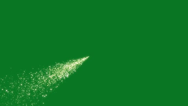 Gold glittering star particle trail swooshing, cartoon doodle sparkles and shimmering bokeh flowing through a bright light path, creating a dreamy fantasy transition effect on green screen. 4k
