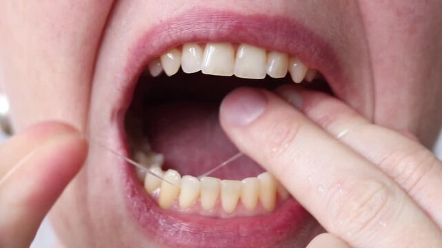 Close-up of the process of cleaning between teeth with white dental floss. Daily oral hygiene and gum care. Self-care, brushing teeth with floss. Unrecognizable person brushing teeth with dental floss