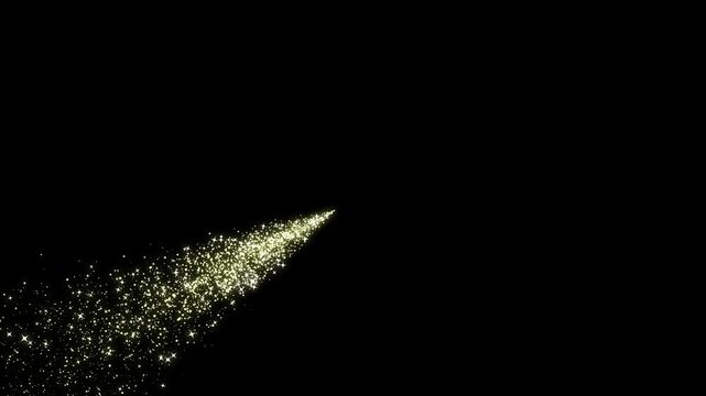Gold glittering star particle trail swooshing, cartoon doodle sparkles and shimmering bokeh flowing through a bright light path, creating a dreamy fantasy transition effect on black screen. 4k