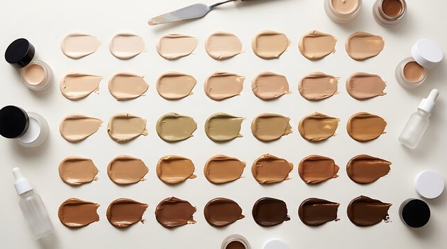Set of liquid foundation makeup swatches in various skin tone shades arranged in a flat lay grid view. foundation shade guide