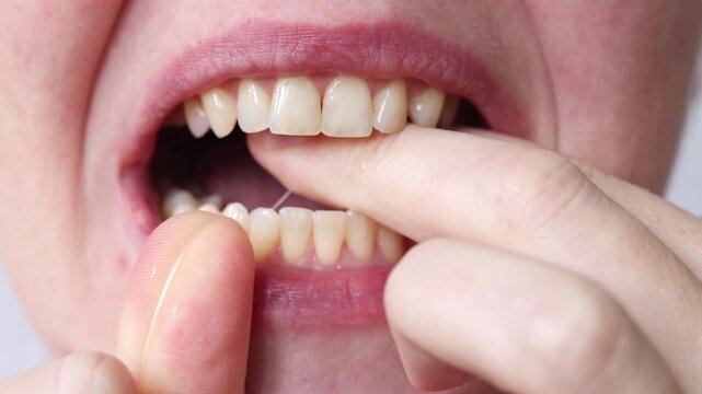 Young woman brushing her teeth with dental floss, close-up. Close-up of the process of cleaning between teeth with white dental floss, daily oral hygiene, dental health care and caries prevention