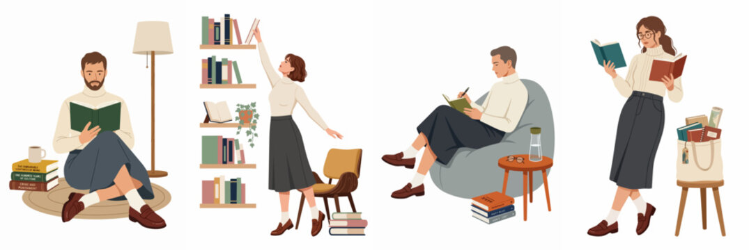 Vector illustration set of diverse people reading books, studying, and browsing bookshelves in a modern, flat minimalist style.