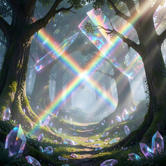 Obraz premium Enchanted forest path glowing with magical crystals and vibrant rainbow light beams
