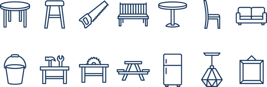 Home furniture and carpentry workshop line icon set featuring interior decor pieces tools and kitchen appliances items