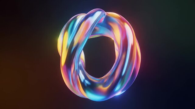 A shimmering, iridescent torus-like shape twists and turns against a dark, gradient background, with the same object repeated in three horizontal segments.
