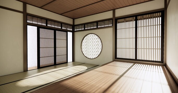 Autumn, Japanese style circular window and Japanese room with tatami mats on the floor and cabinet decor.3D rendering