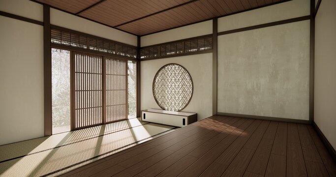 Autumn concept on Japanese room with white wall with maple wood wall design Evokes a sense of warmth, fall background. 3d rendering