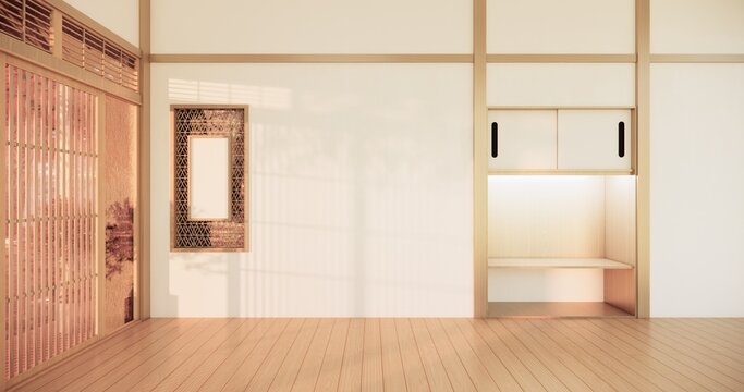 Japanese shelf wall Built-in mock up minimalist, room japandi minimall style,Empty white wall on maple wood flooring and decoration.3D rendering