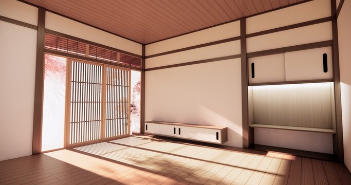 Japanese shelf wall Built-in mock up minimalist, room japandi minimall style,Empty white wall on maple wood flooring and decoration.3D rendering