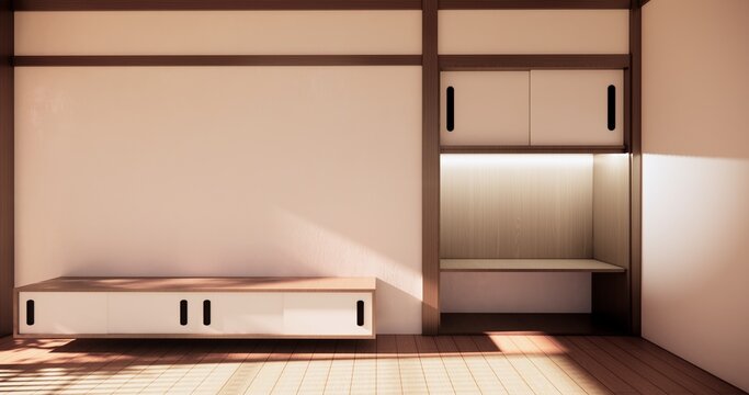 Japanese shelf wall Built-in mock up minimalist, room japandi minimall style,Empty white wall on maple wood flooring and decoration.3D rendering