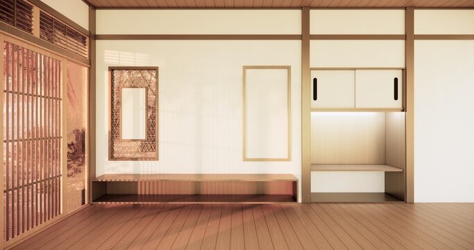 Japanese shelf wall Built-in mock up minimalist, room japandi minimall style,Empty white wall on maple wood flooring and decoration.3D rendering