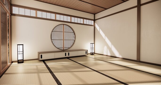 Autumn, Japanese style circular window and Japanese room with tatami mats on the floor and cabinet decor.3D rendering