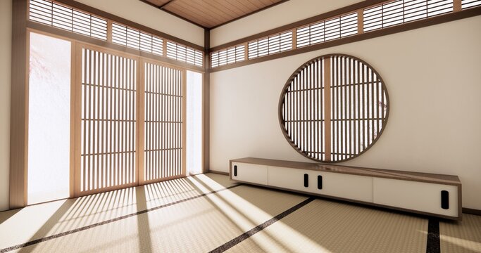 Autumn, Japanese style circular window and Japanese room with tatami mats on the floor and cabinet decor.3D rendering