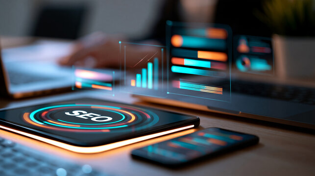 Digital marketing workspace featuring tablet, smartphone, laptop and keyboard with virtual SEO analytics and campaign data floating above the devices, morning office light, with