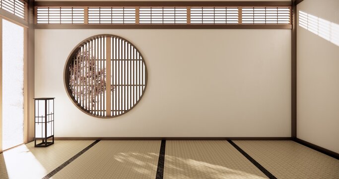Autumn concept on Japanese room with white wall with maple wood wall design Evokes a sense of warmth, fall background. 3d rendering
