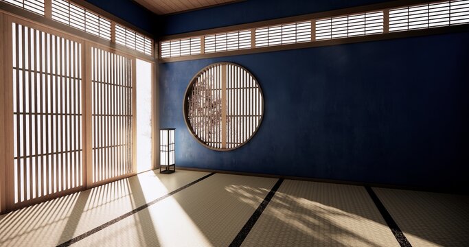 Muji room interior with dark blue color wall japanese style design.3d rendering
