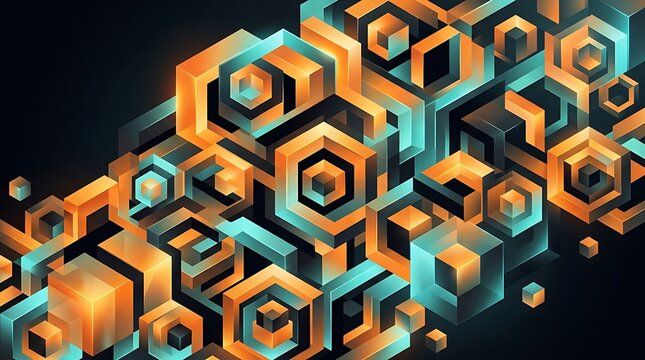 Vibrant 3D isometric geometric abstract composition featuring glowing orange and cyan hexagonal cubes on dark background, modern tech design pattern wallpaper.