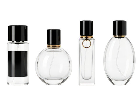 Four perfume bottles with different shapes and black caps on a white background