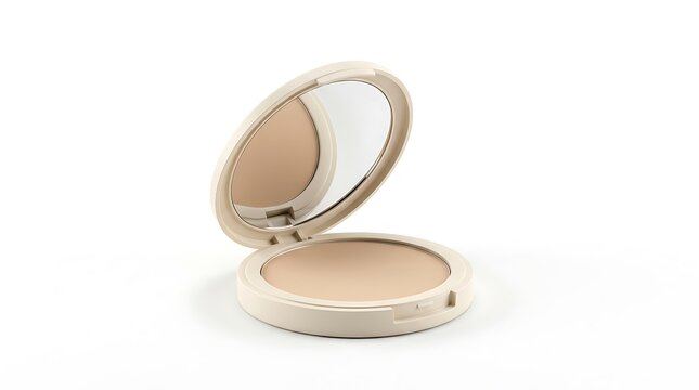 Open round compact powder case with mirror for makeup beauty routine and facial skin care application. Classic Makeup Compacts