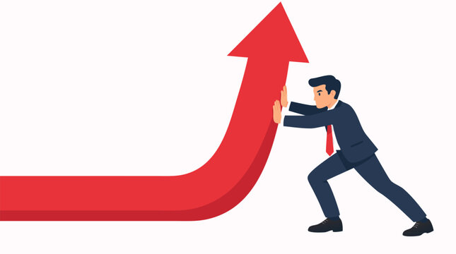 A determined businessman in a dark navy suit exerts effort to push a large red horizontal arrow into an upward growth trend, flat vector illustration of business turnaround on white