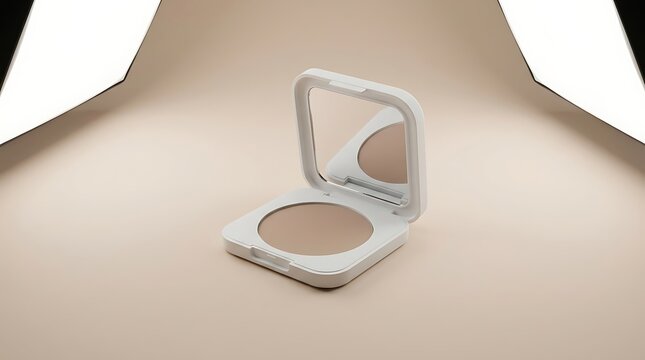 Open face powder compact case with a mirror for makeup application on a soft beige studio background. Classic Makeup Compacts