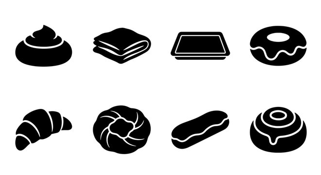 Bakery Icons Set, Sweet Pastries Collection, Delicious Food Vector Graphics, Black and White