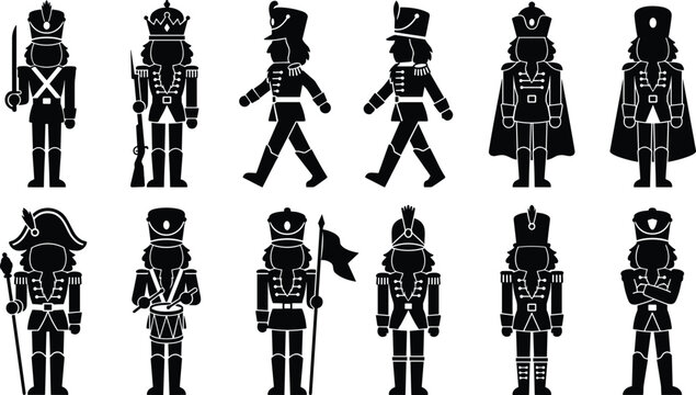 Christmas nutcracker soldier silhouette set featuring toy soldiers, king, marching guards, drummer, and flag bearer