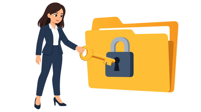 A businesswoman in a navy suit inserts a golden key into a padlock on a giant yellow document folder, flat vector illustration of data security and information access on white background