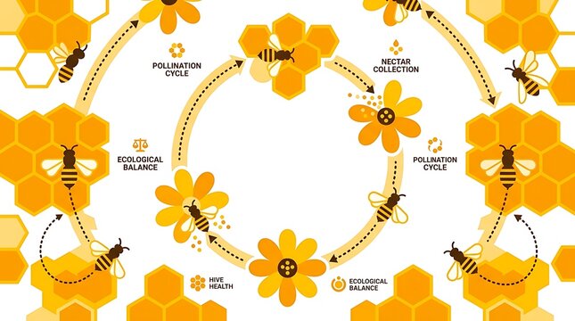 Vibrant flat illustration of the bee's life cycle, showcasing pollination, nectar collection, ecological balance, and hive health with cheerful bees, golden.